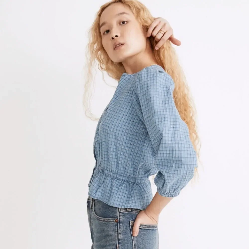 Madewell Chambray Puff-Sleeve Peplum Top in Windowpane Blue – Size S Style NE213